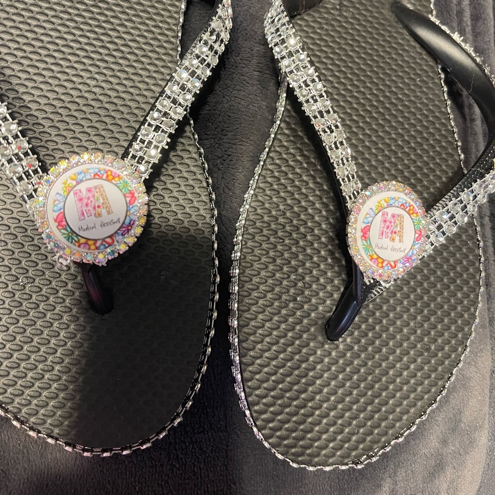 Black and Silver Flip Flops with Rhinestone Detail